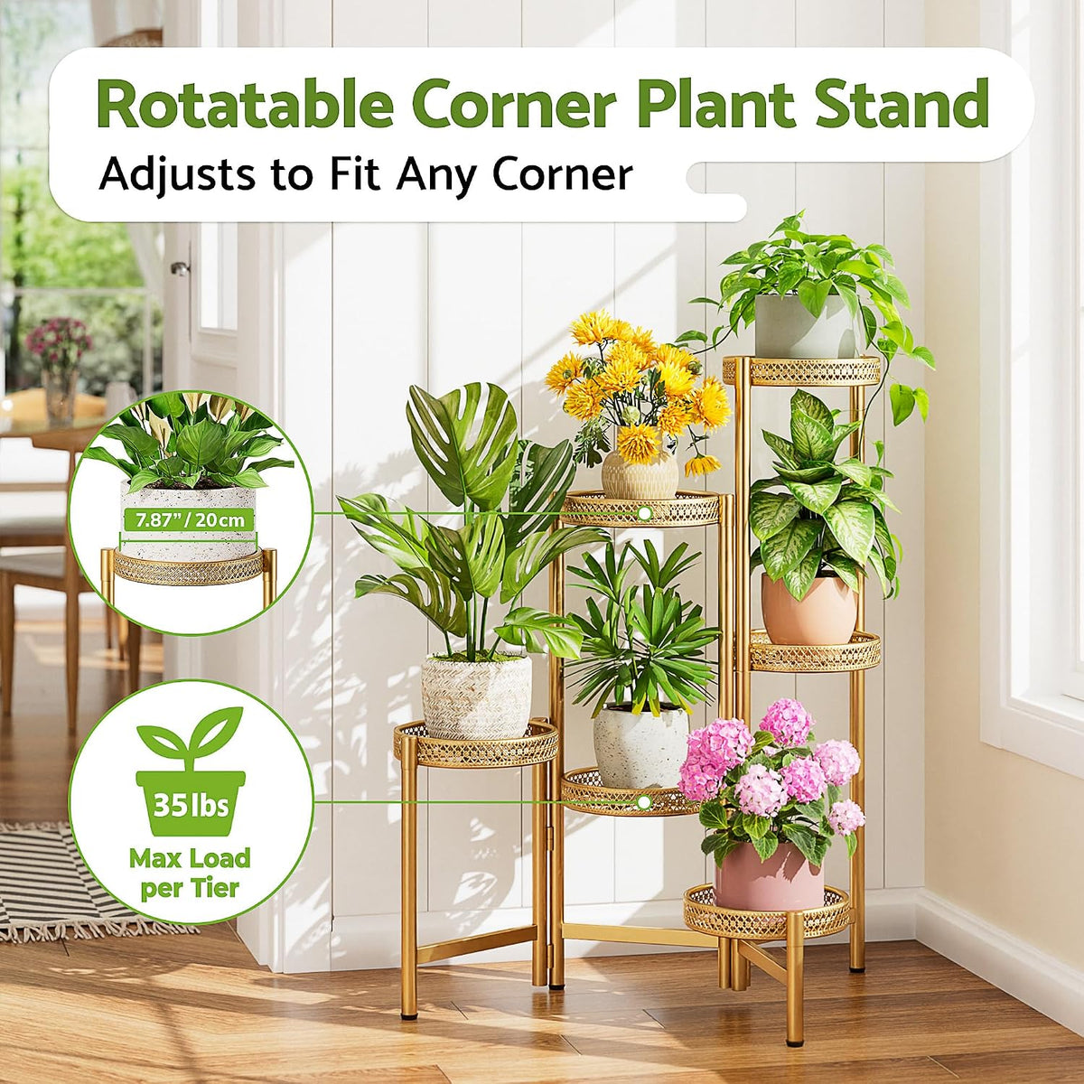 6 Tiered Plant Stand Indoor for Multiple Large Planter, Tall Heavy Duty Adjustable Folding Rack with Rustproof 7.9 Inch