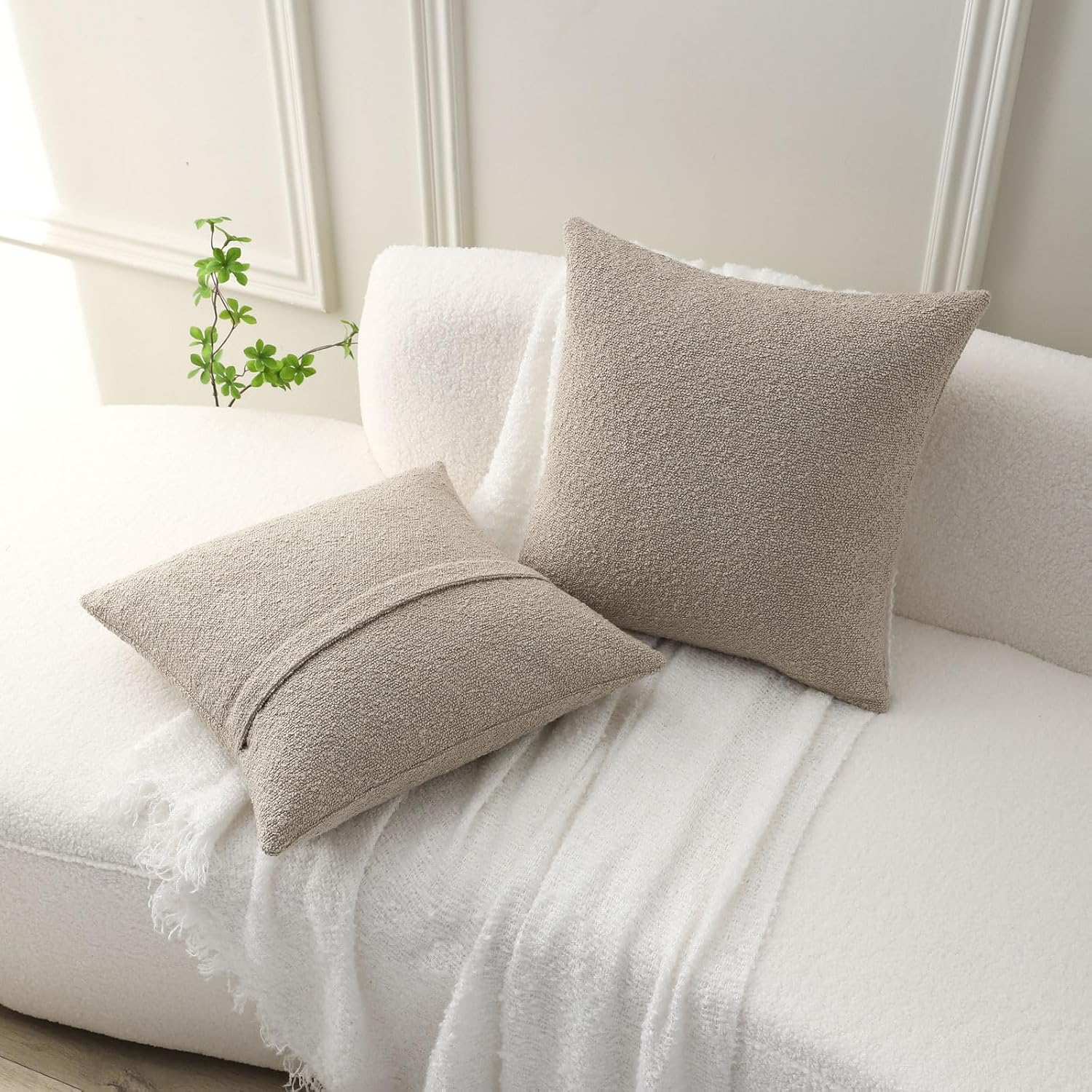 Decorative Throw Pillow Covers Soft Solid Boucle Textured Cushion / Oatmeal / 18 x 18 / Set of 2