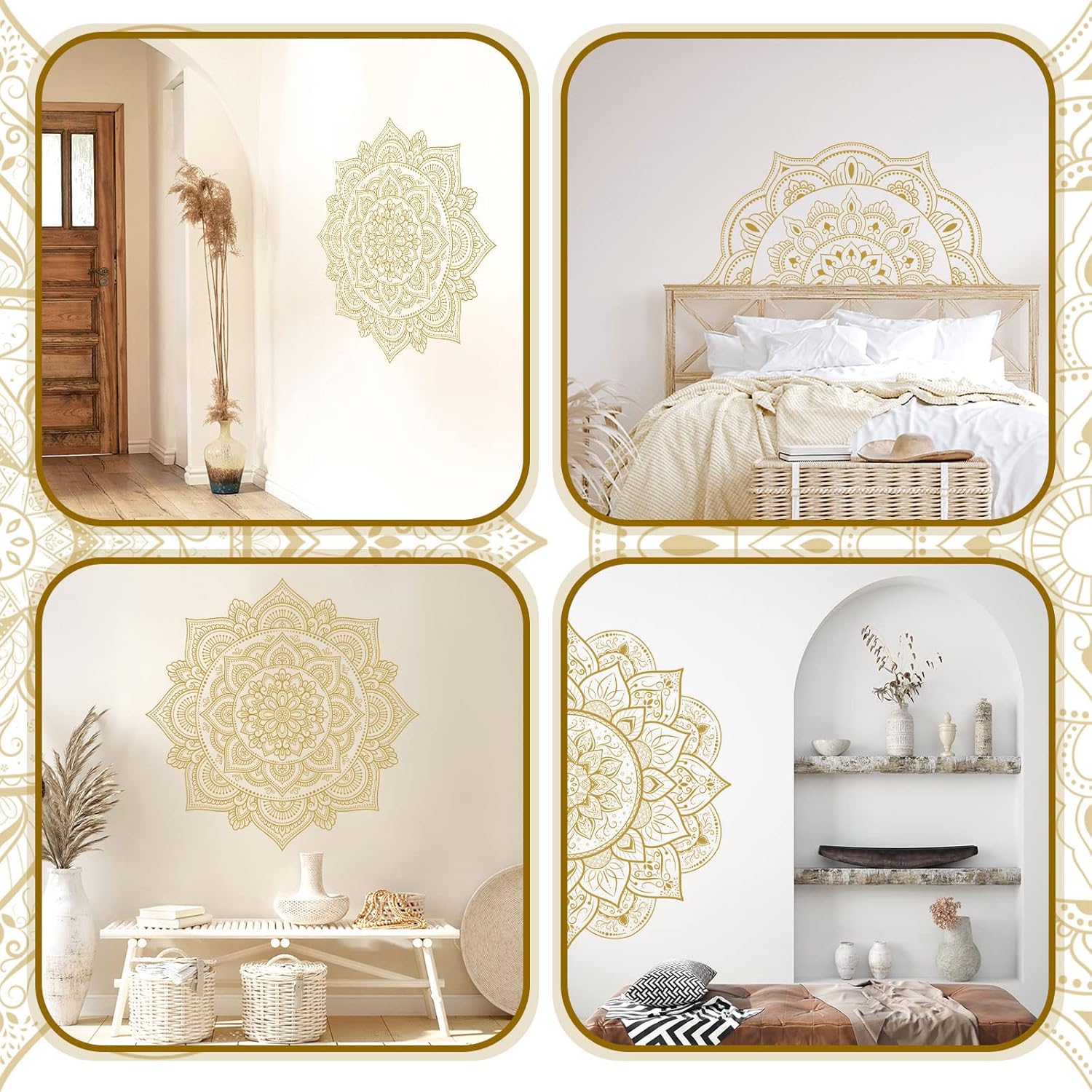 Half Mandala Wall Decal Boho Mandala Sticker Lotus Flower Vinyl Wall Decals Flower / Gold / Set of 4