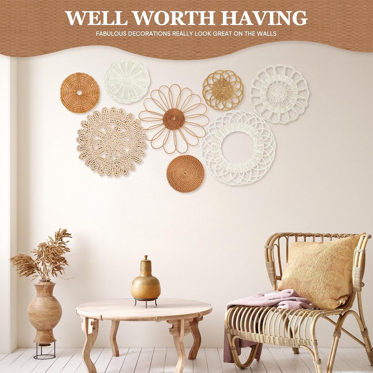 Boho Wall Basket Decor / Classic Rattan / Set of 8