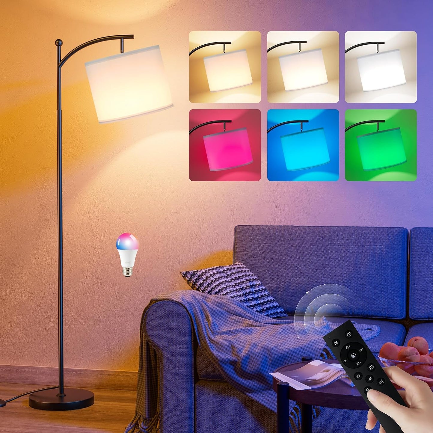 Ambimall Floor Lamps with Smart Light Bulb, RGB + Color Temperatures Bright Dimmable Smart Floor lamp(White Shade &
