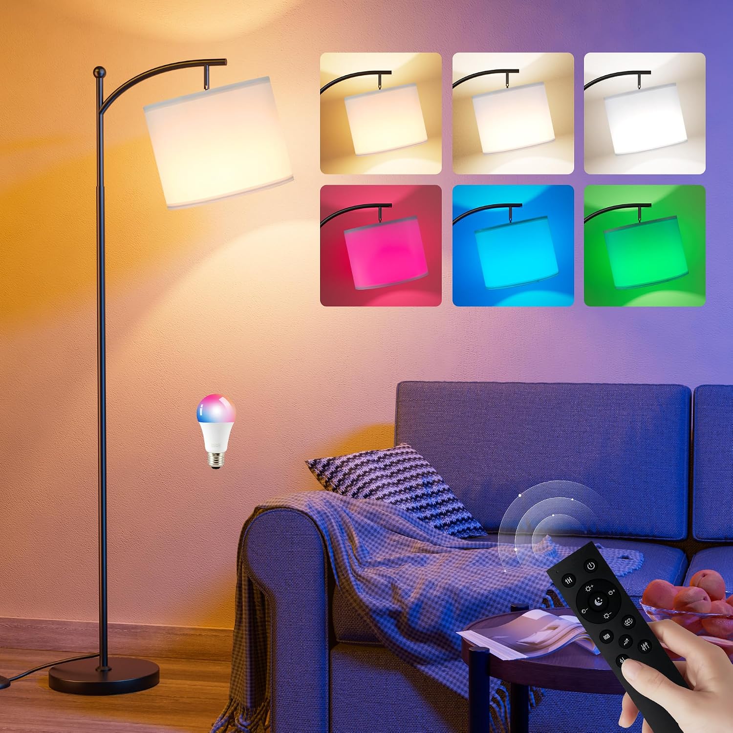 Ambimall Floor Lamps with Smart Light Bulb, RGB + Color Temperatures Bright Dimmable Smart Floor lamp(White Shade &