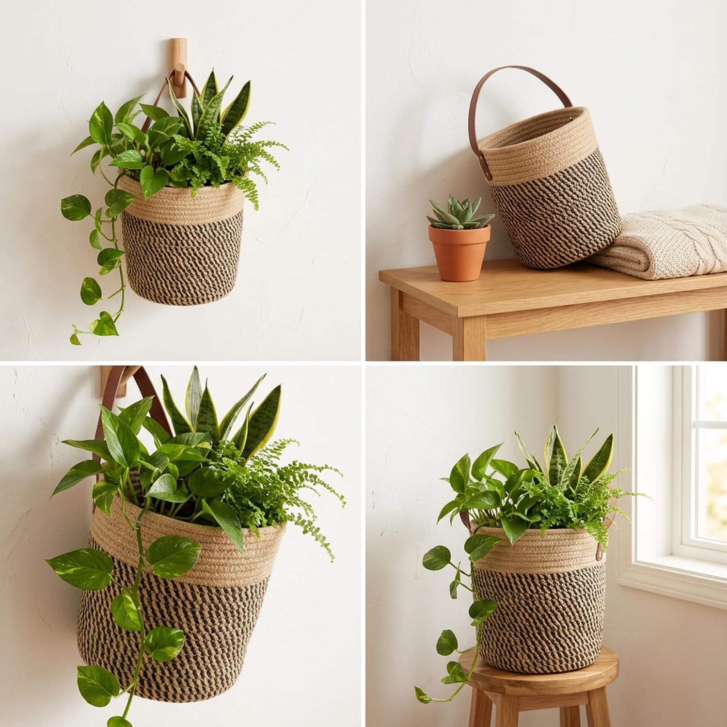 Round Woven Wall Decor & Storage Planter for Plant Decor and Home / Jute & Black / 8 Inch / Set of 2