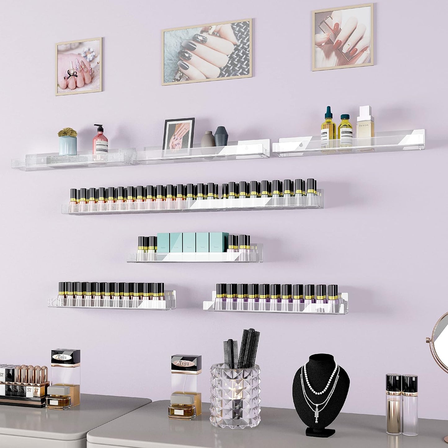 4 Pack 15 Inch Clear Acrylic Floating Wall Shelves, Kids Bookshel | Modern Display Rack for Nail Polish, Sunglasses