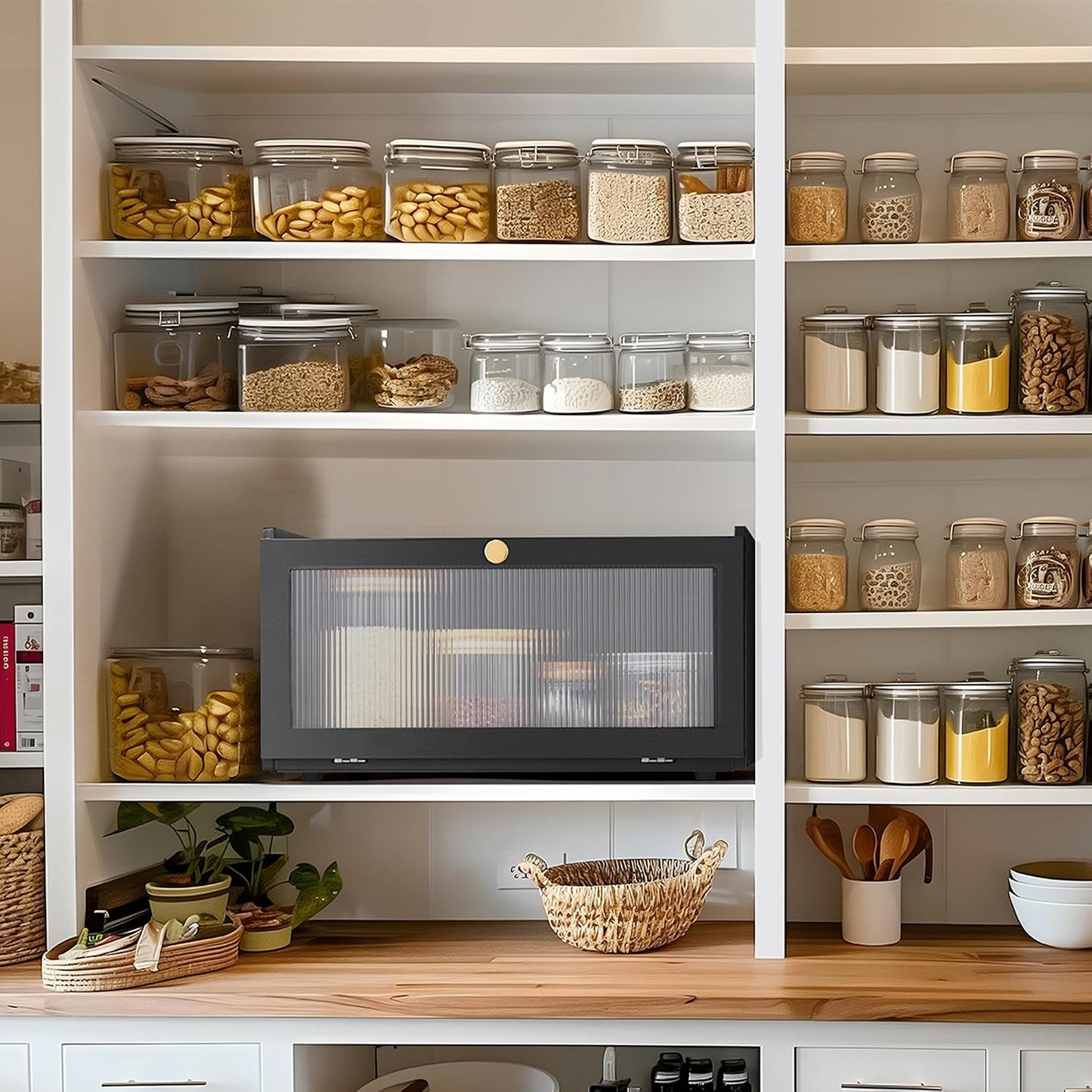 ETMI Black Bread Box for Kitchen Countertop - Modern bamboo Bread box with Window Bread Storage Container