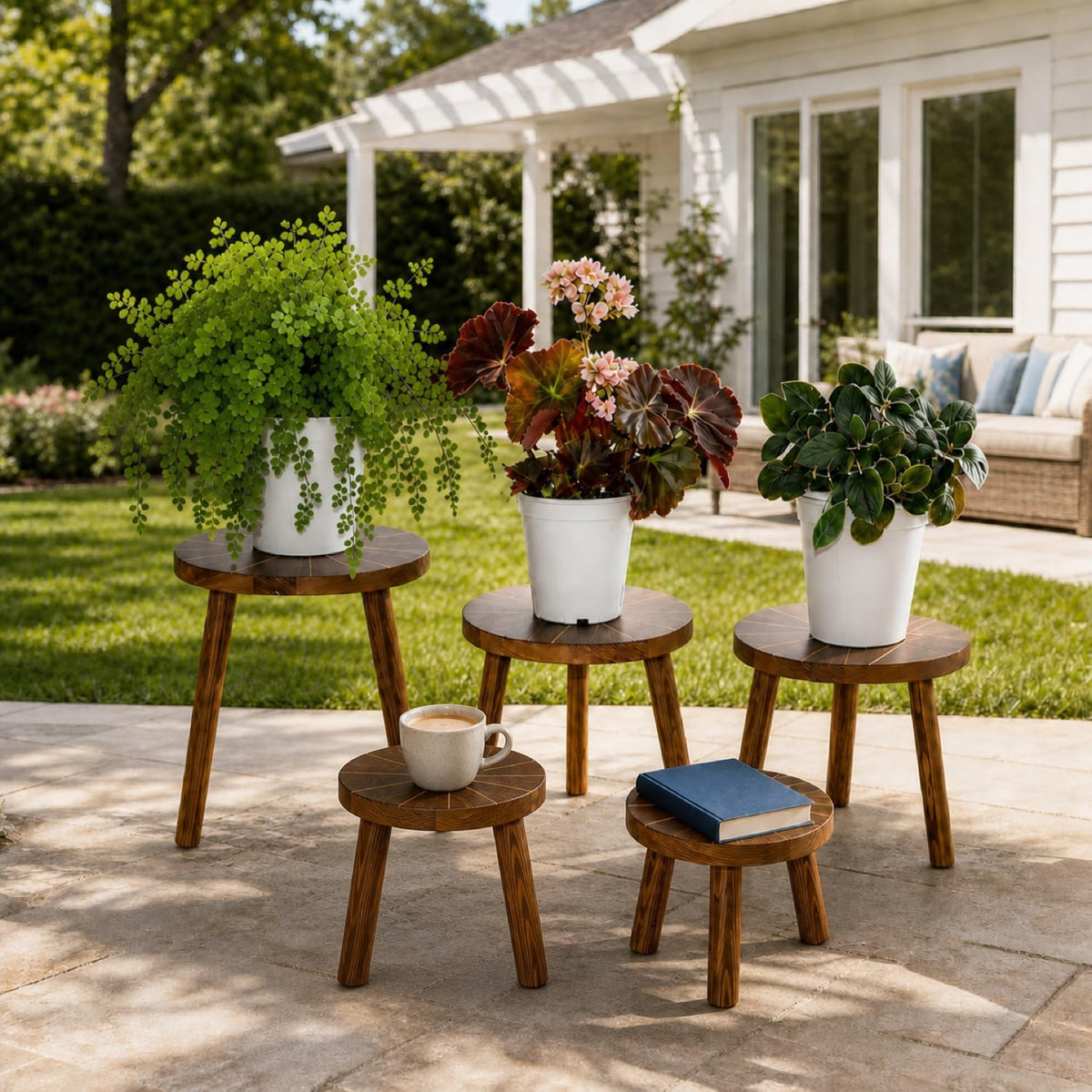 5-Pack Single Wood Plant Stands for 6-12 Inch Pots, Indoor Set | Five Heights Create a Balanced, Layered Plant