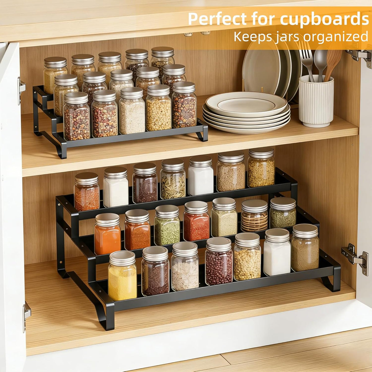 Spice Rack Organizer for Cabinet, 13-21.5" Expandable Spicy Shelf | 3-Tier Metal Seasoning Organizer, Kitchen Spice