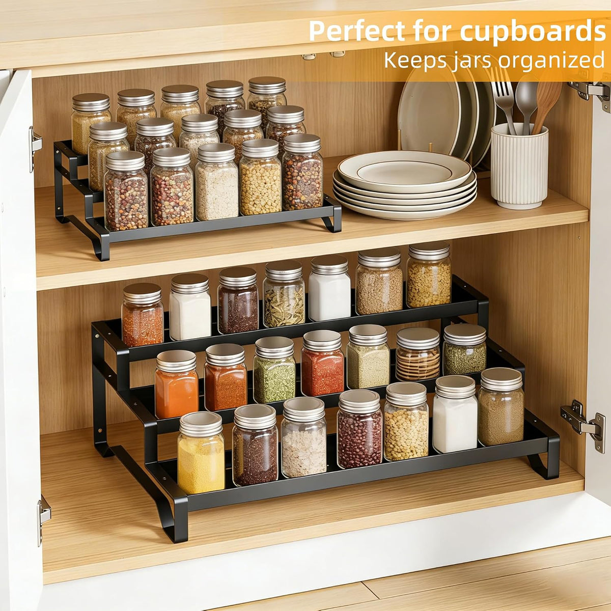 2 Pack Spice Rack Organizer for Cabinet, 13-21.5" Expandable Spicy Shelf | 9.45" Depth 3-Tier Black Metal Seasoning