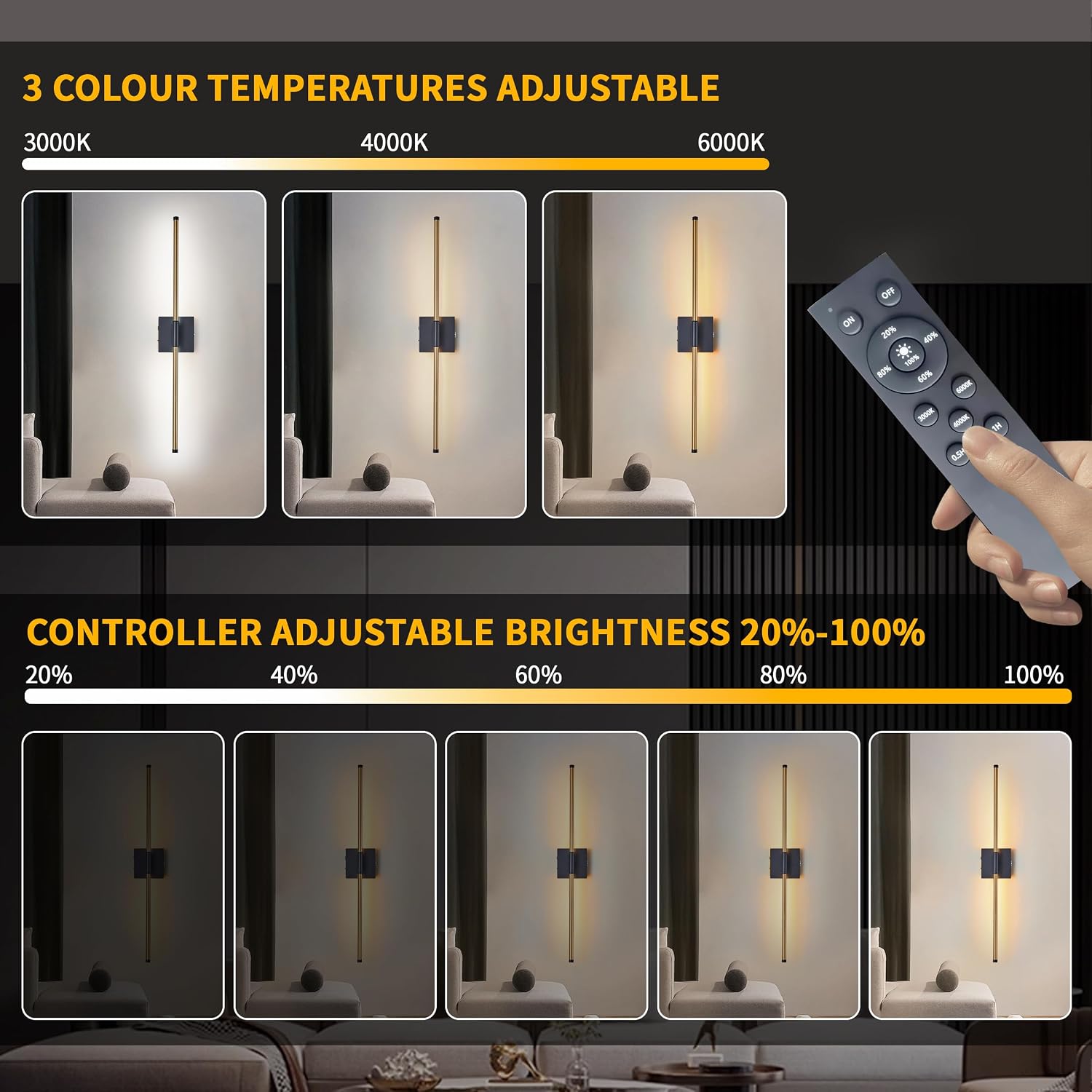 15800 mAh Battery Operated Wall Sconces with Remote Control Dimmable Wall Sconces Set of Two 3000K LED Brass Gold and