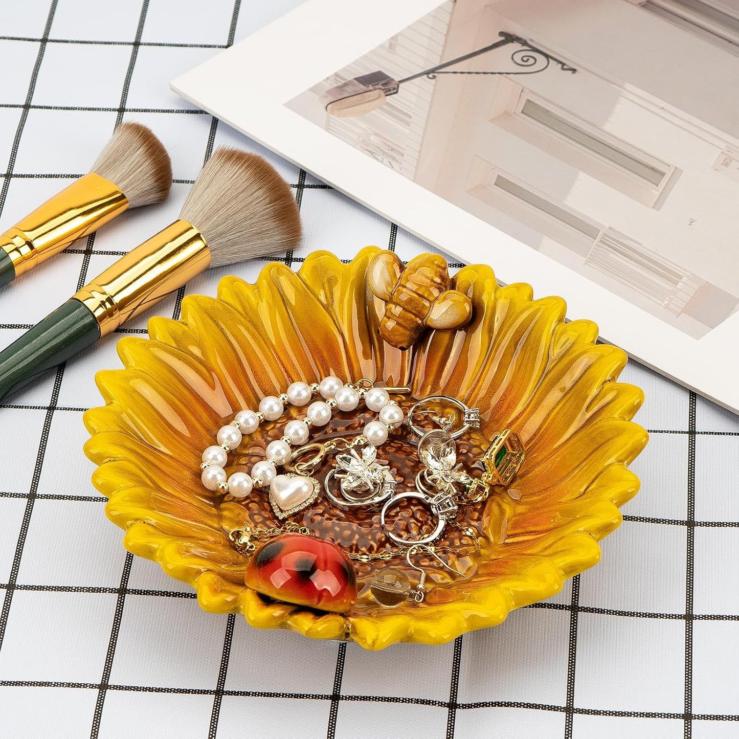 Sunflower Jewelry Dish Trinket Tray Ceramic Key Tray Bowl for Entryway Table