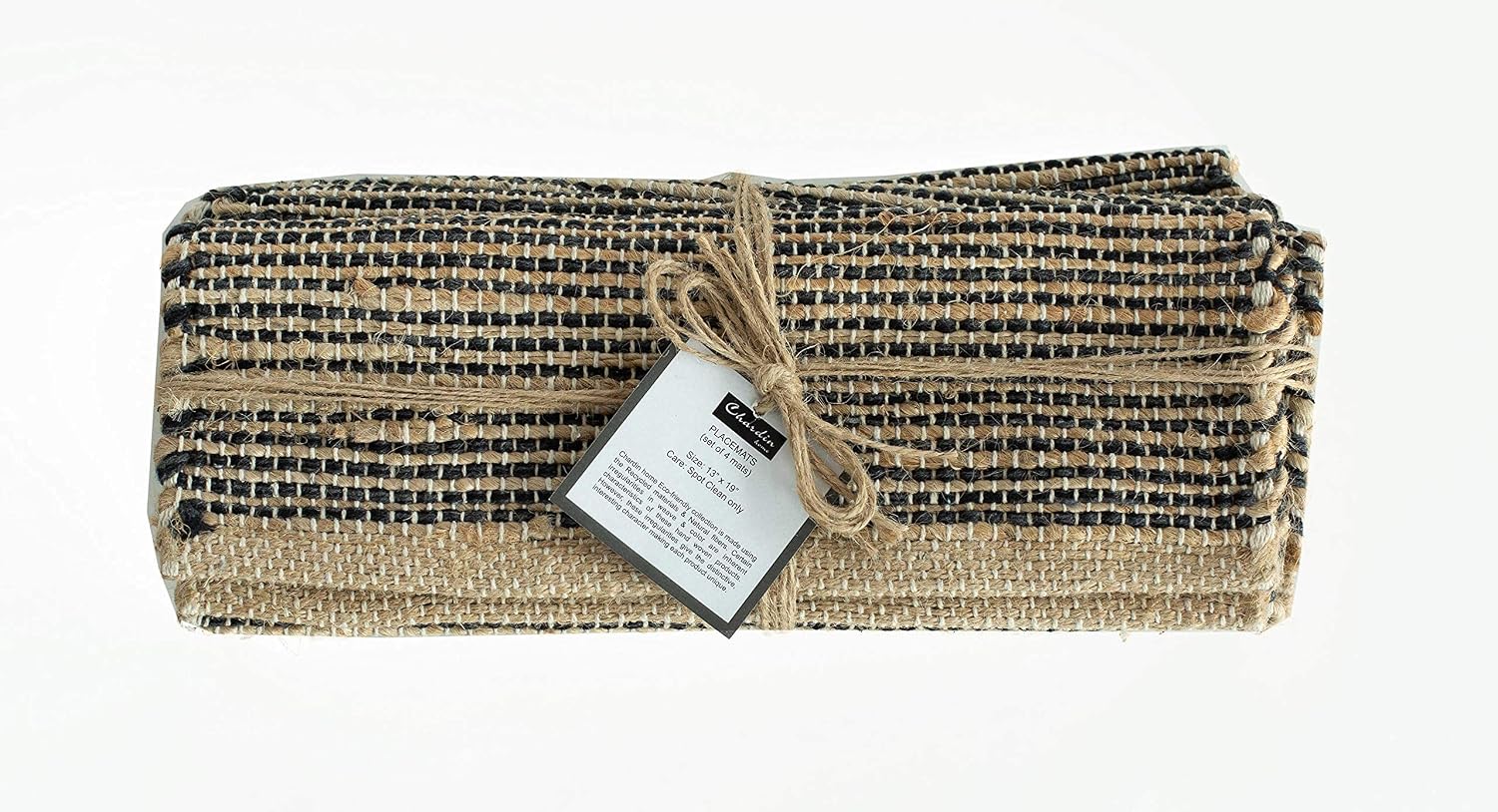 Natural Jute & Black Placemats, Set of 4 – Rustic Handmade Boho Table Mats, 13x19 Inch Dining Table Placemats for