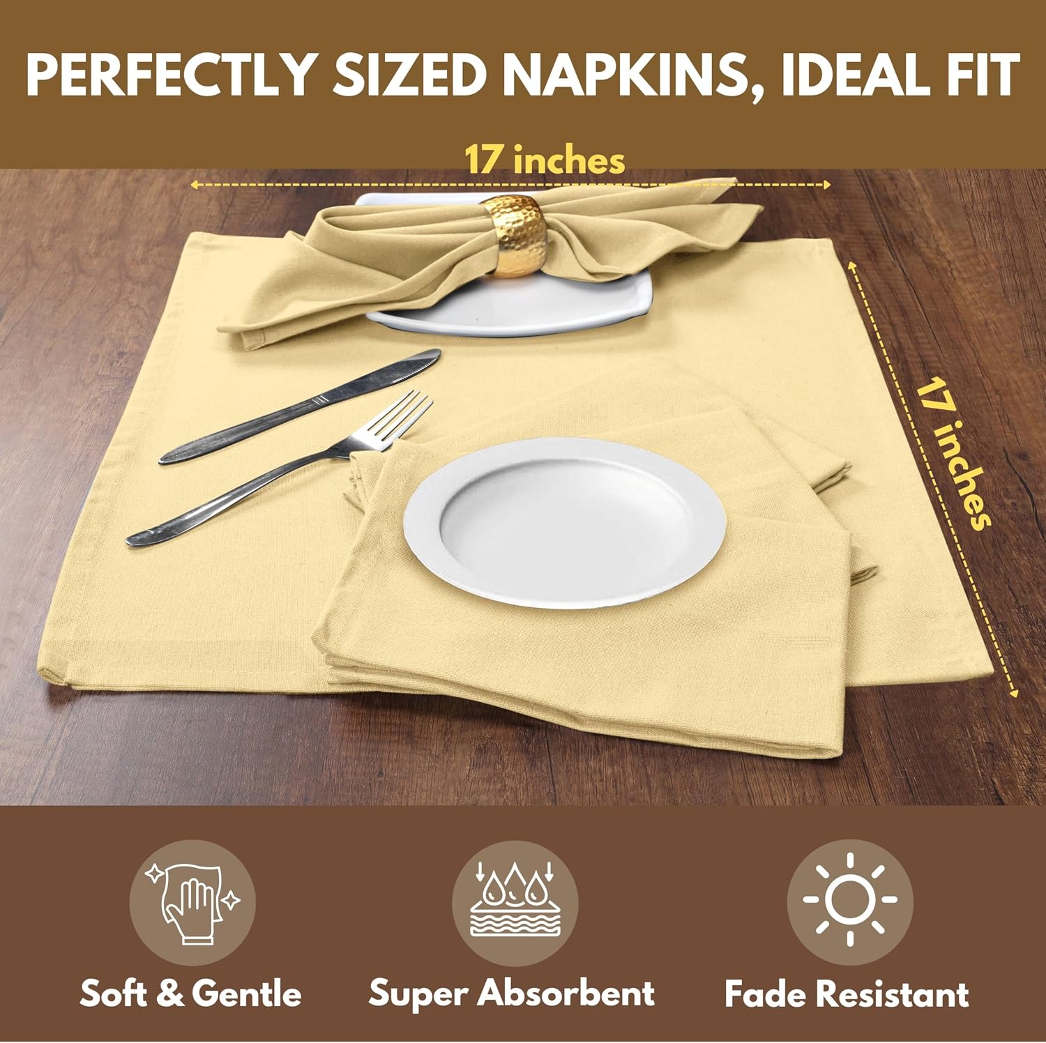 Native Fab Pale Yellow Easter Cloth Napkins Set of 12 Bulk - 100% Cotton Spring Dinner Napkin 17 x 17 - Soft