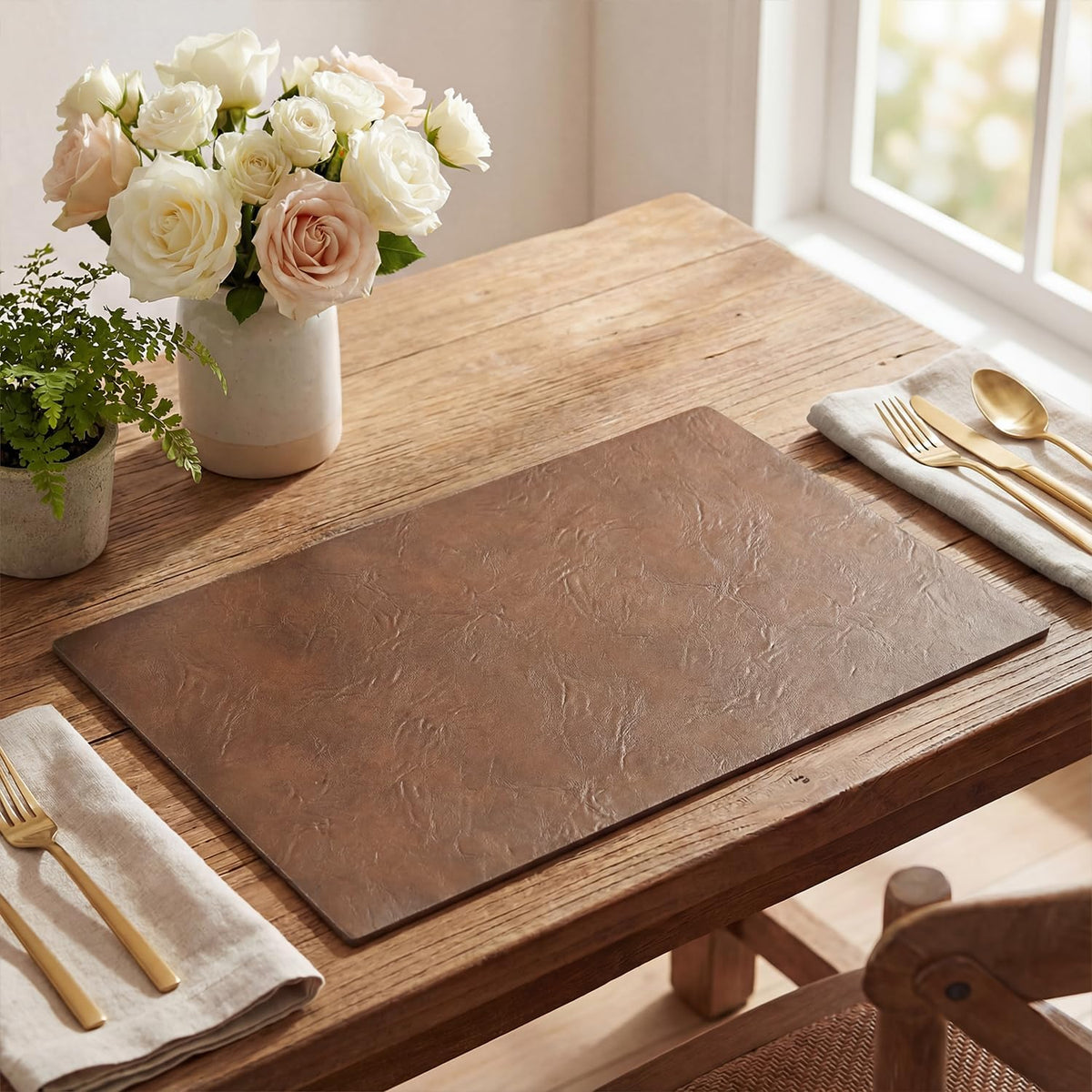 Artoid Mode Brown Faux Leather Placemats Set of 6, 12x18 Inch Waterproof Wipeable Heat Resistant Vinyl Place Mats