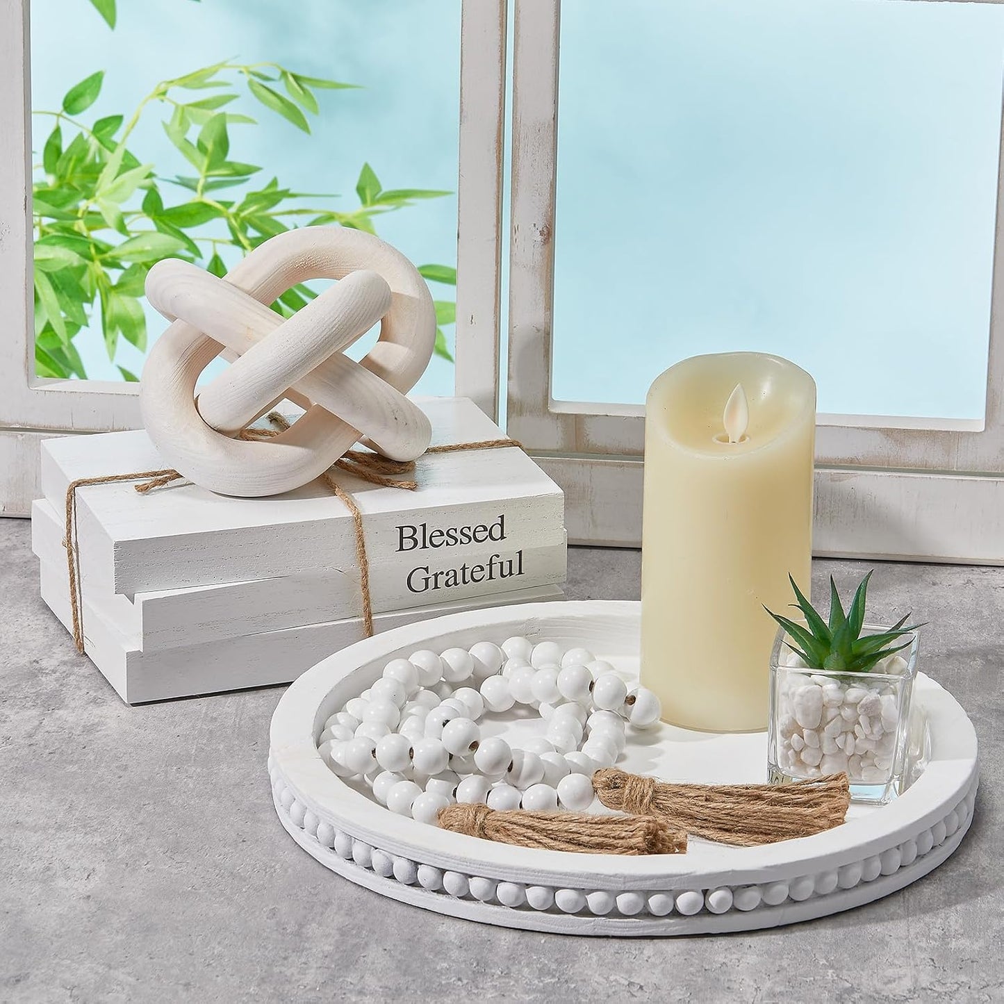 Rustic Wooden Coffee Table Tray Decoration Set / White / Thankful / Set of 6