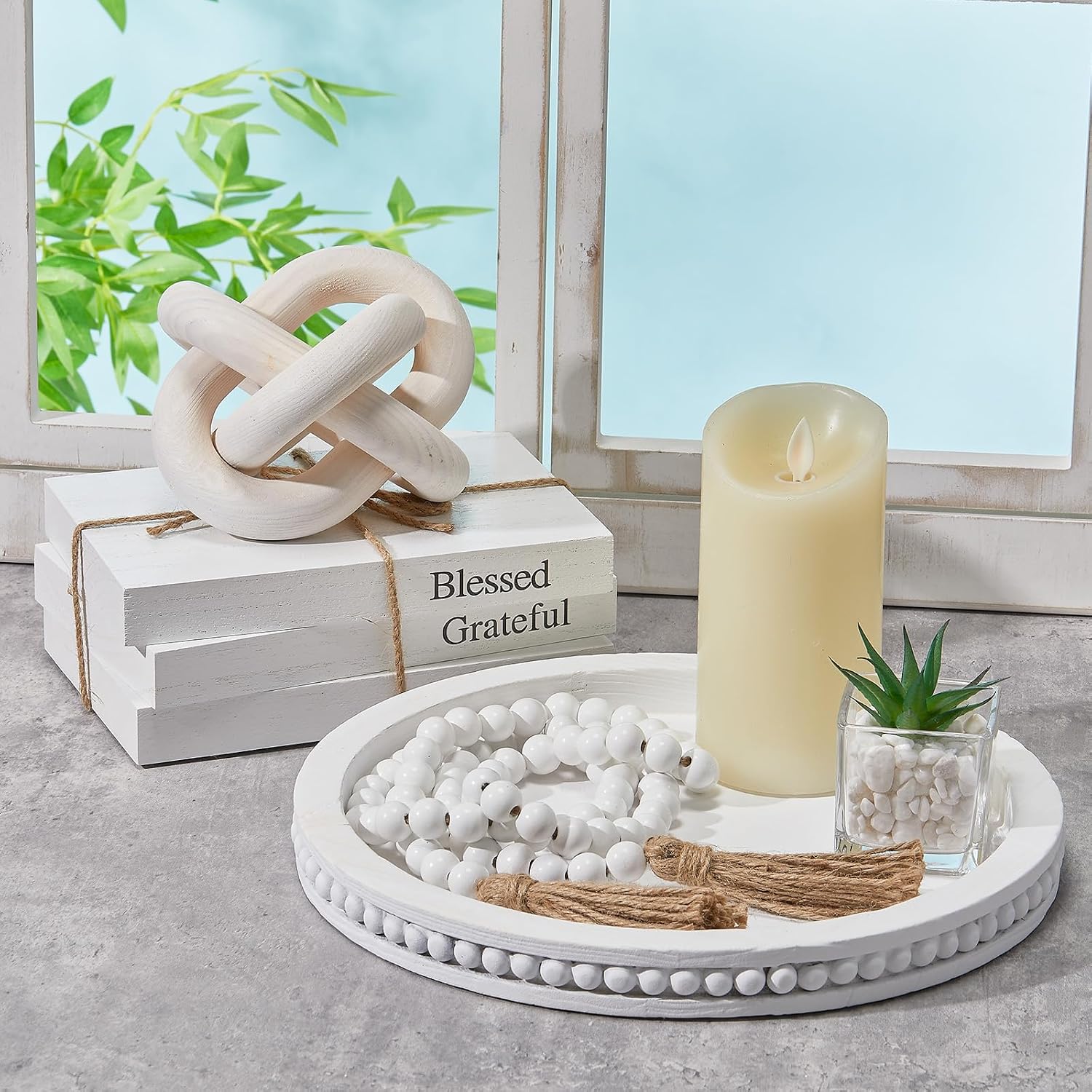 Rustic Wooden Coffee Table Tray Decoration Set / White / Thankful / Set of 6