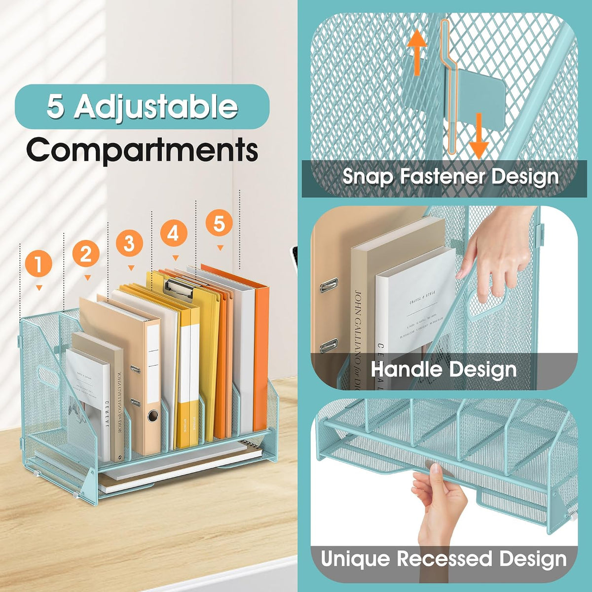 5 Vertical Mesh Desk Organizer with Paper Letter Tray, Blue | Sorting racks with lower letter tray section.
