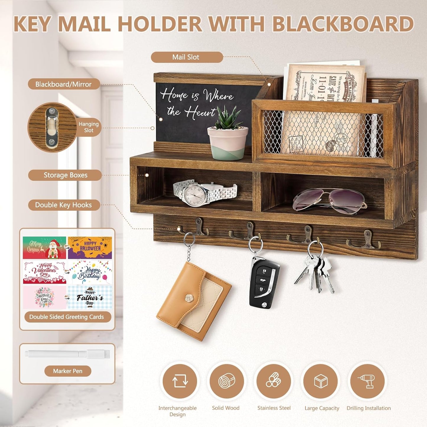 Wooden Mail and Key Organizer / Brown