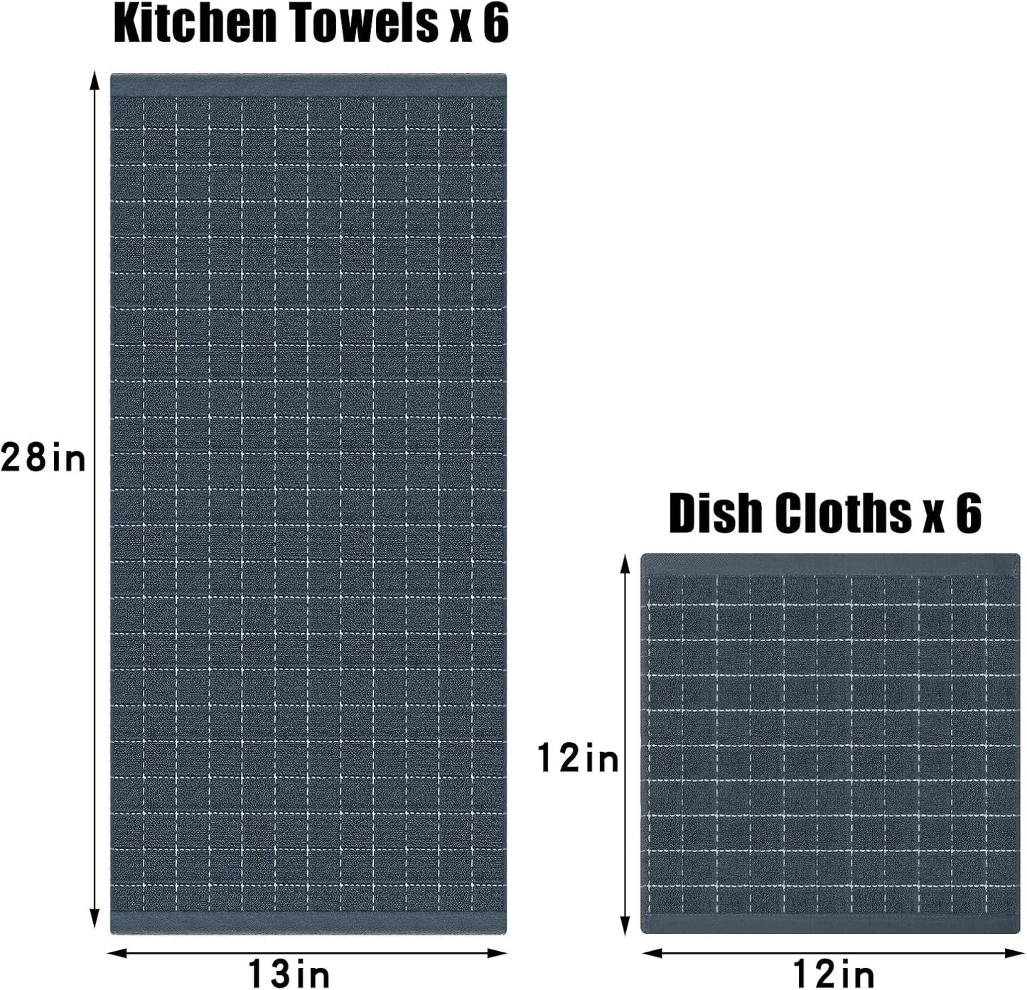 Homaxy Kitchen Towels and Dishcloths Set, Set of 12, Dark Grey | Bulk Cotton Terry Kitchen Towels, Checkered Designed