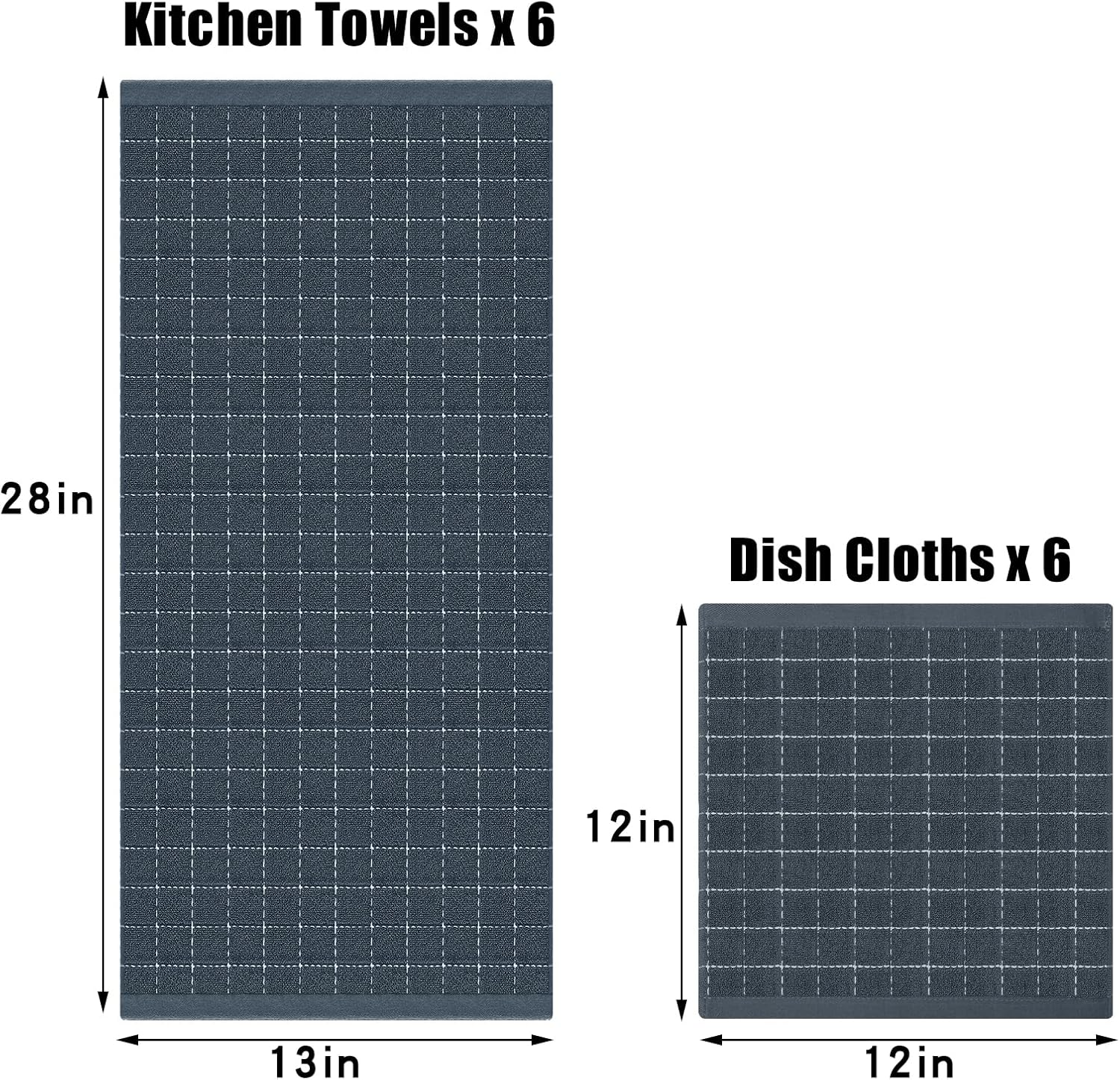 Homaxy Kitchen Towels and Dishcloths Set, Set of 12, Dark Grey | Bulk Cotton Terry Kitchen Towels, Checkered Designed