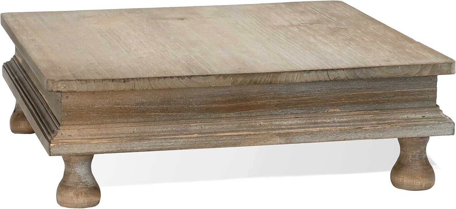 Decorative Square Tabletop Wooden Display Tray Riser in Whitewash Finish / 12 x 12