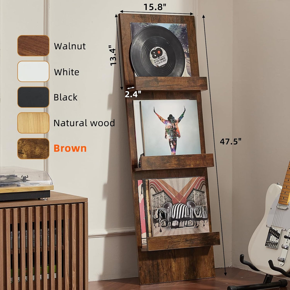 Wall-Leaning Vinyl Record Holder with 3 Tier Display Shelf, 47.5'' Tall Record Storage Magazine Holder, Vinlys Stand