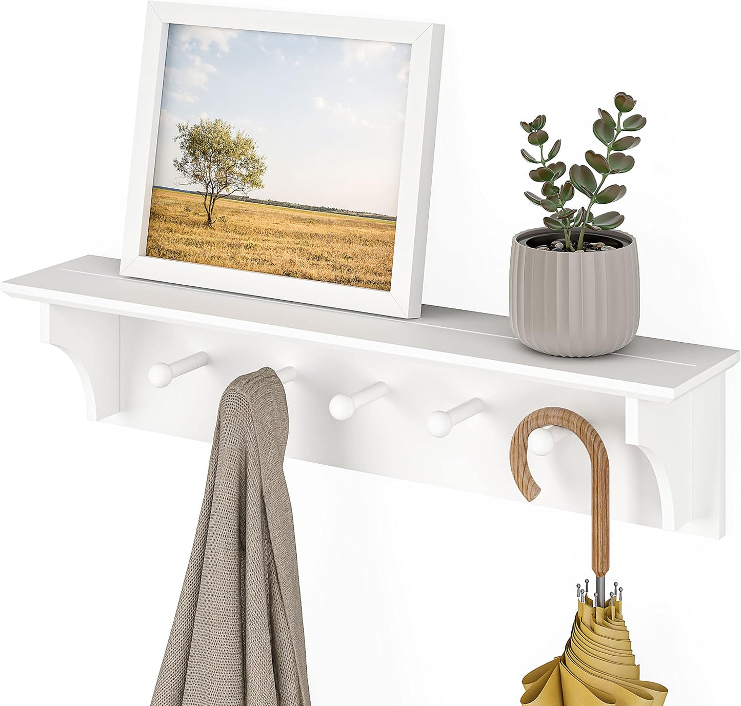 Ballucci Floating Coat and Hat Wall Shelf Rack, 5 Pegs Hook, 24", White