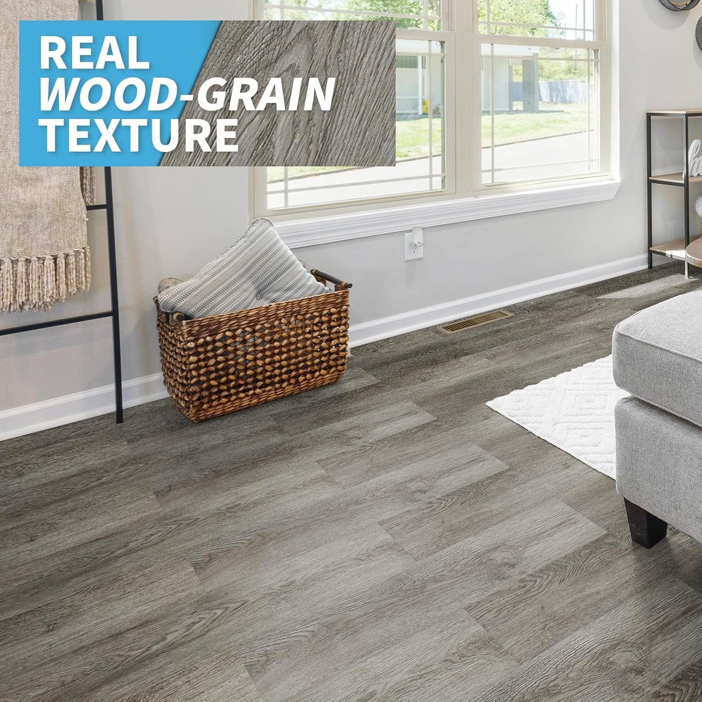 Peel and Stick Floor Tile Vinyl Wood Plank 54 Sq.Ft / 36 x 6 x 0.1 / Deep Grey / Set of 36