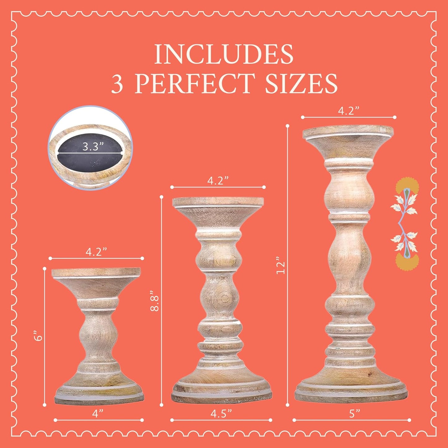 Mango Wood Candle Holders - Whitewash Finish, Set of 3 | Hand-carved decorative pillar stands curated to accent cozy