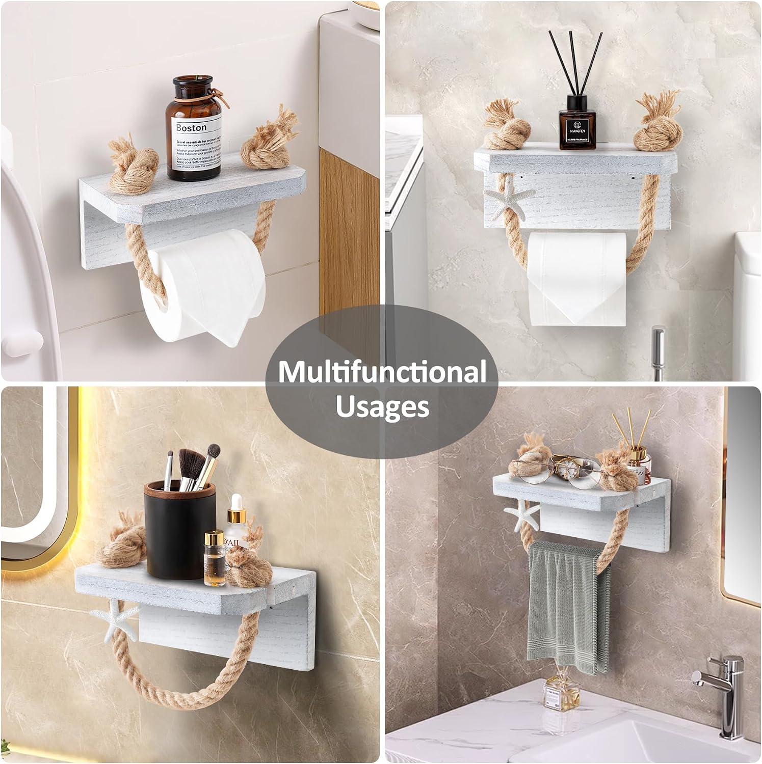 Farmhouse Rope Toilet Paper Holder Beach Towel Holder Wood Shelf | Rustic Farmhous Bathroom Decor Wall Mount