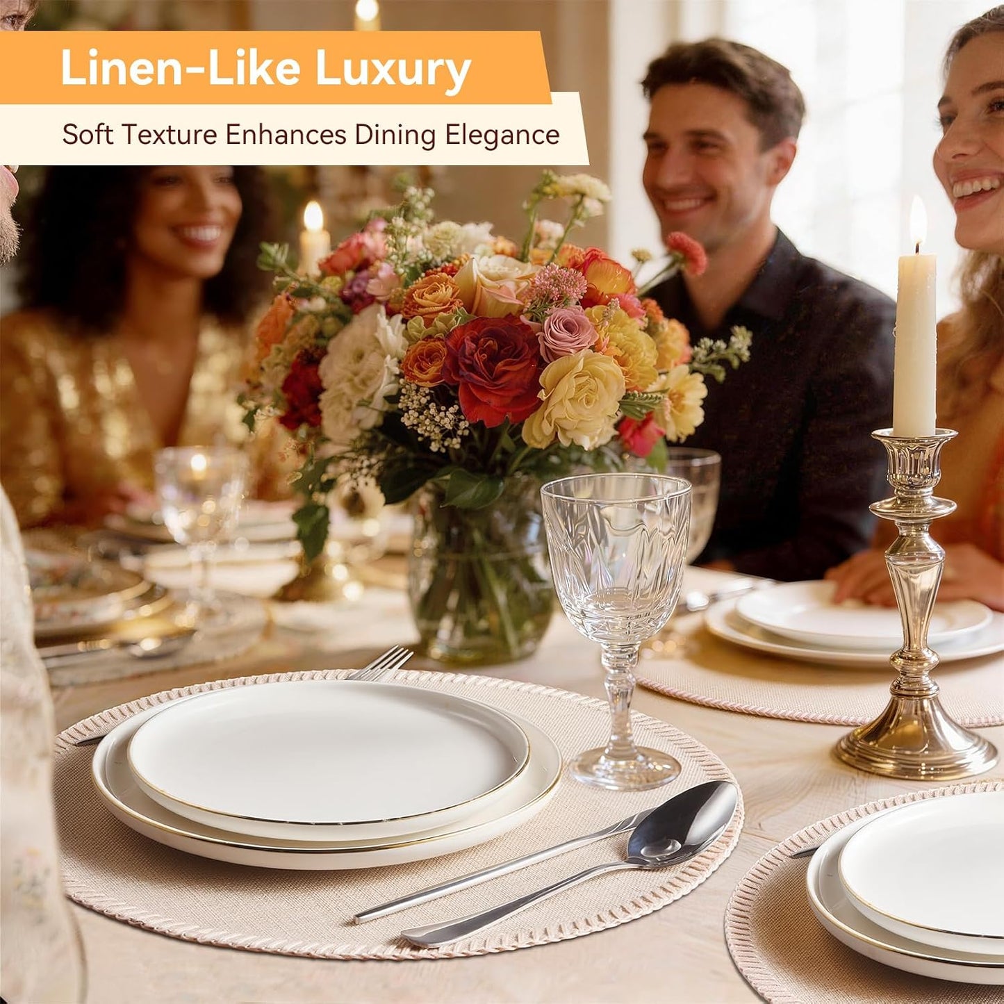 Round Placemats Set of 8 - Machine Washable Linen-Like Cloth Place Mats & Heat-Resistant for Dining Table - Ideal for