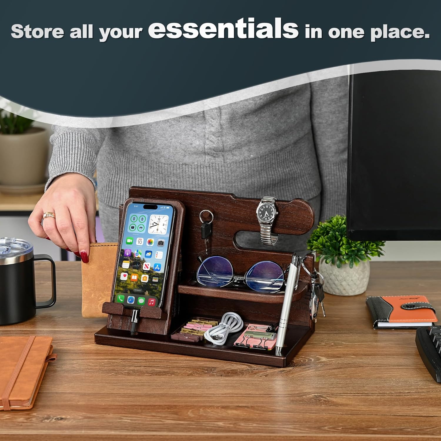 TESLYAR Wood Phone Docking Station for Men - Desk or Nightstand Organizer - Birthday Gifts for Husband, Dad