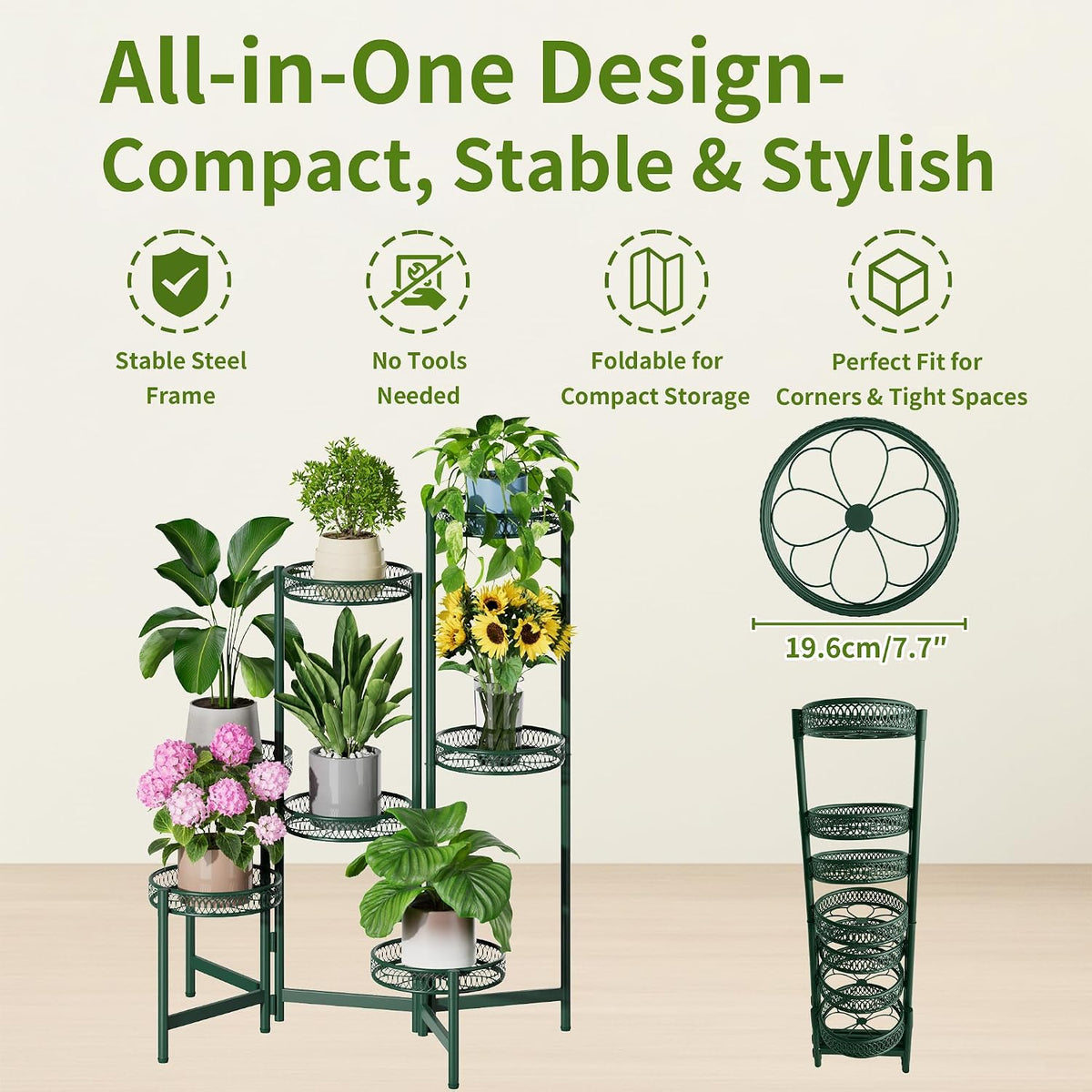7 Tier Metal Corner Plant Stand Indoor Outdoor, Folding Tall Plant Rack, Heavy Duty Wrought Iron Flower Pot Stand