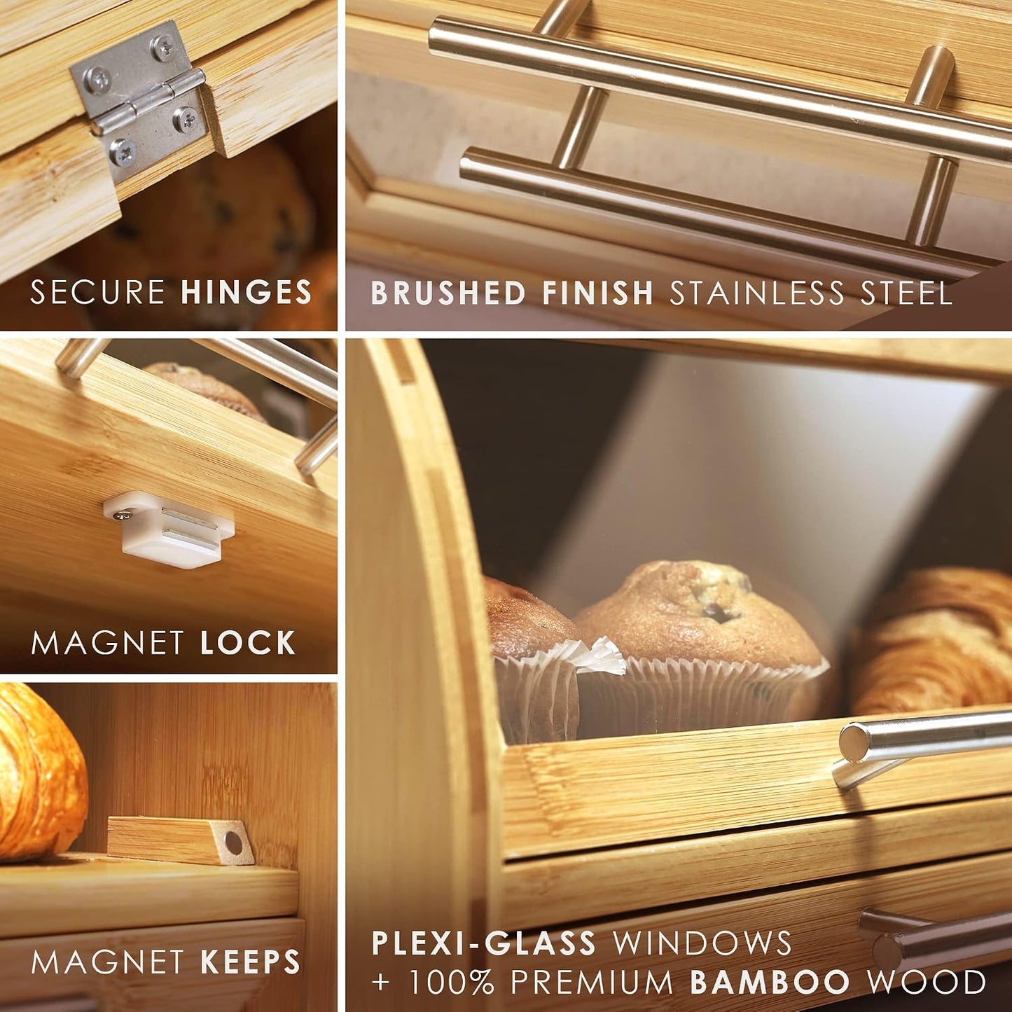 Arise Bamboo Wooden Bread Box for Kitchen Countertop, Extra Large 2-Shelf | Bread Storage Container with Clear Windows