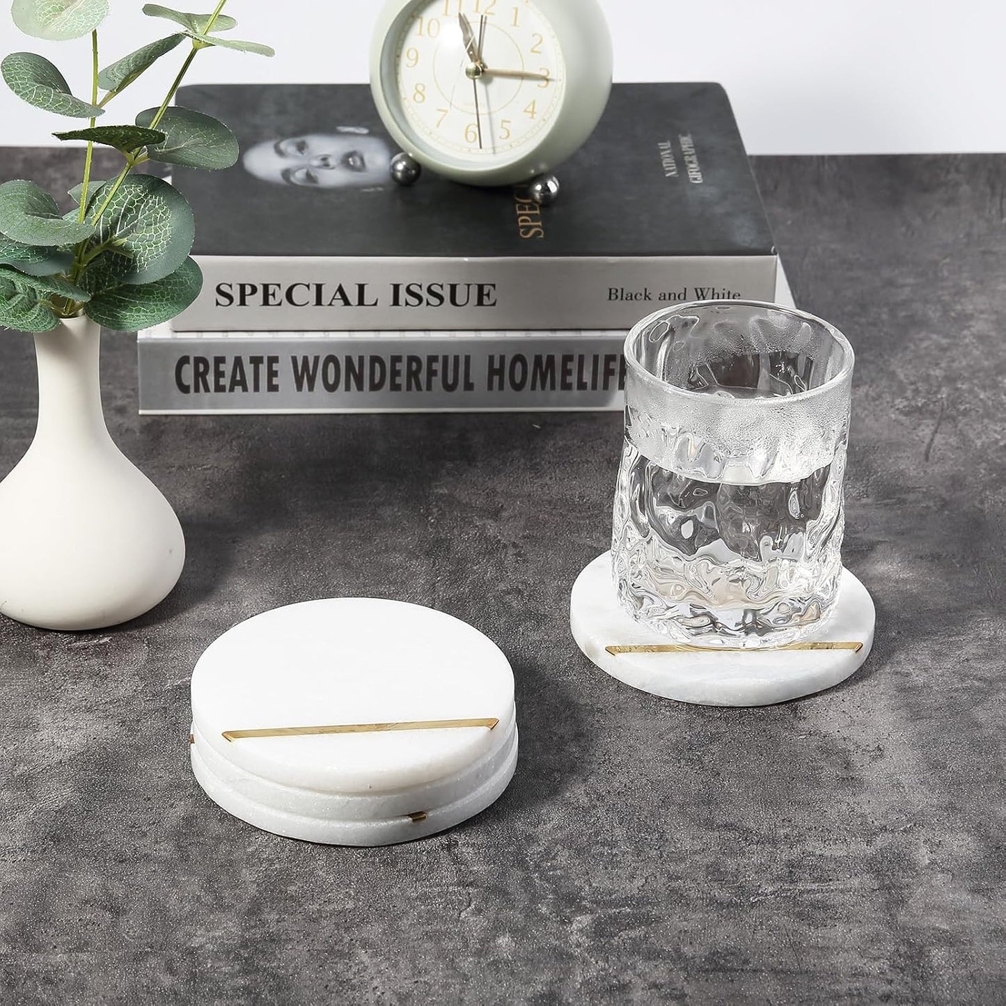 4" Stone Coaster for Drinks Coffee / White&gold / Set of 4