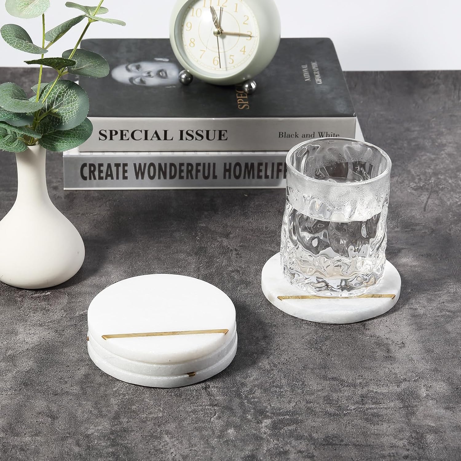 4" Stone Coaster for Drinks Coffee / White&gold / Set of 4
