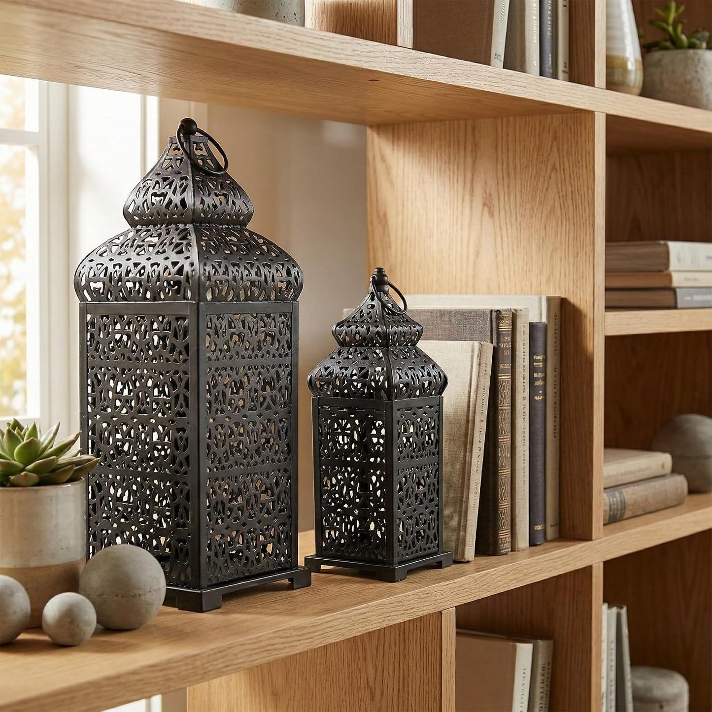Vela Lanterns Decorative Indoor Moroccan Candle Holders, Black, Set of 2 | Halloween & Ramadan Decorations for Home