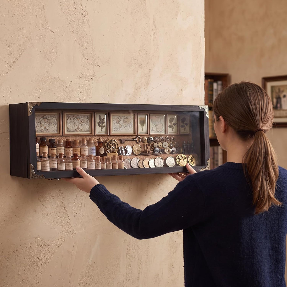 Long Deep Shadow Box Frame 8x25 with Real Glass Door, 4" Overall Depth Solid Wood Display Case, Horizontal or Vertical