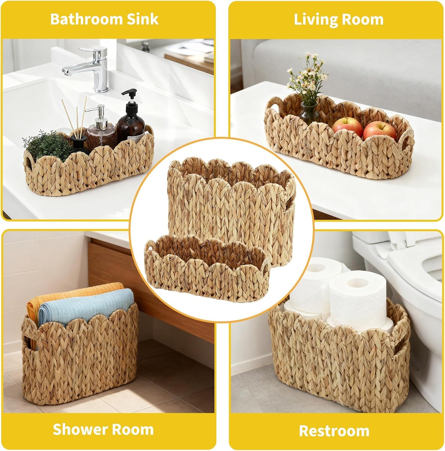 Scalloped Wicker Basket / 16.14in*6.7in*10.62in,14.17in*6.7in*4.7in / Set of 2