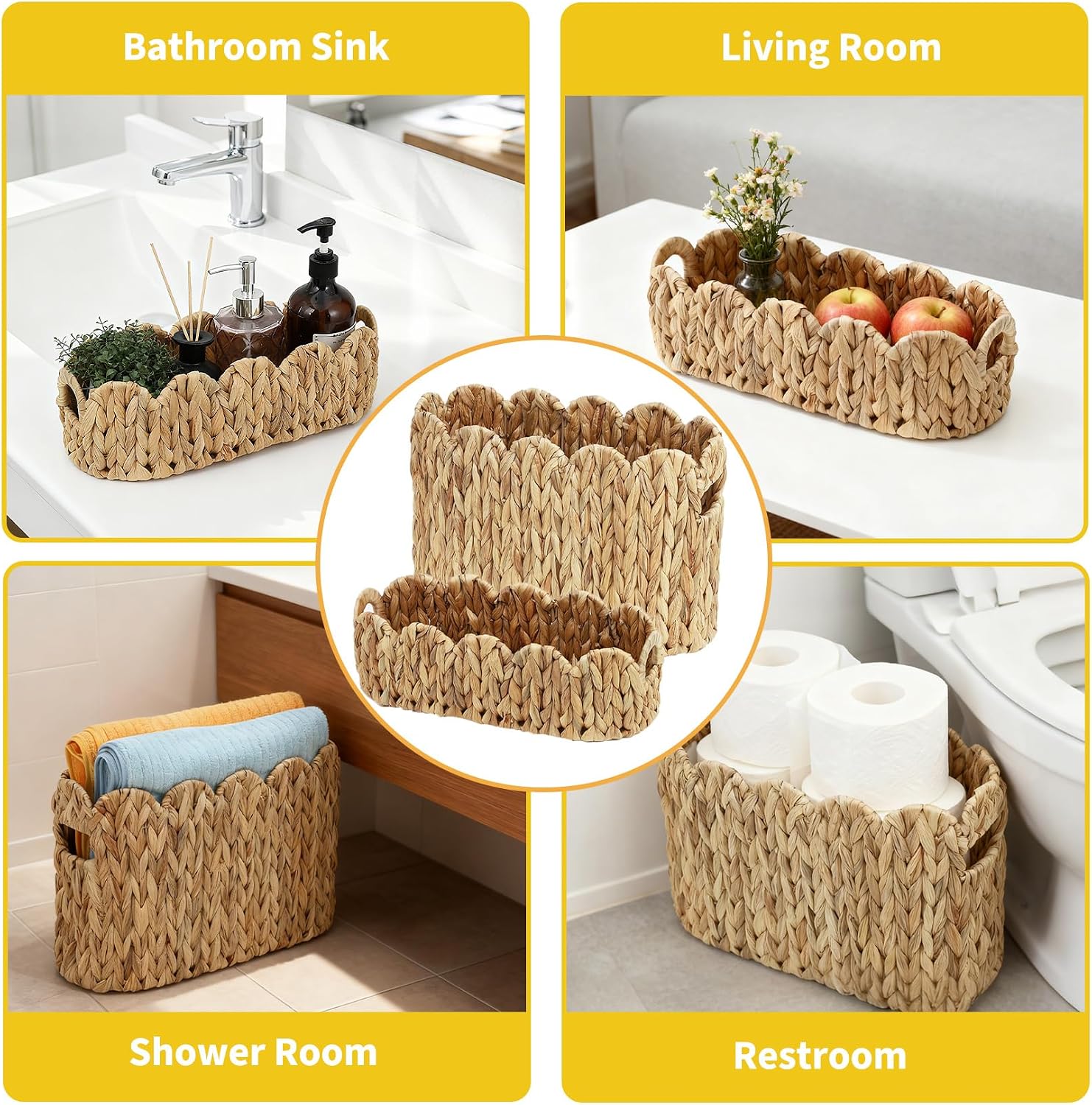 Scalloped Wicker Basket / 16.14in*6.7in*10.62in,14.17in*6.7in*4.7in / Set of 2