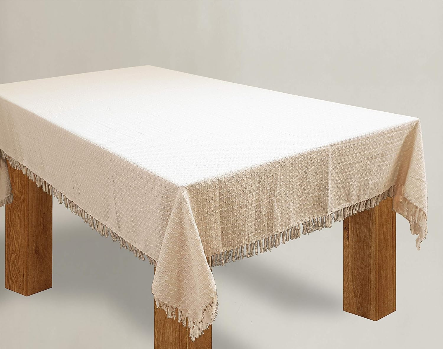 Table Cloth, Natural/Ivory Woven Fringed, 100% Cotton Table Cover, Size 60x84 Inch, Suitable for Formal Dining
