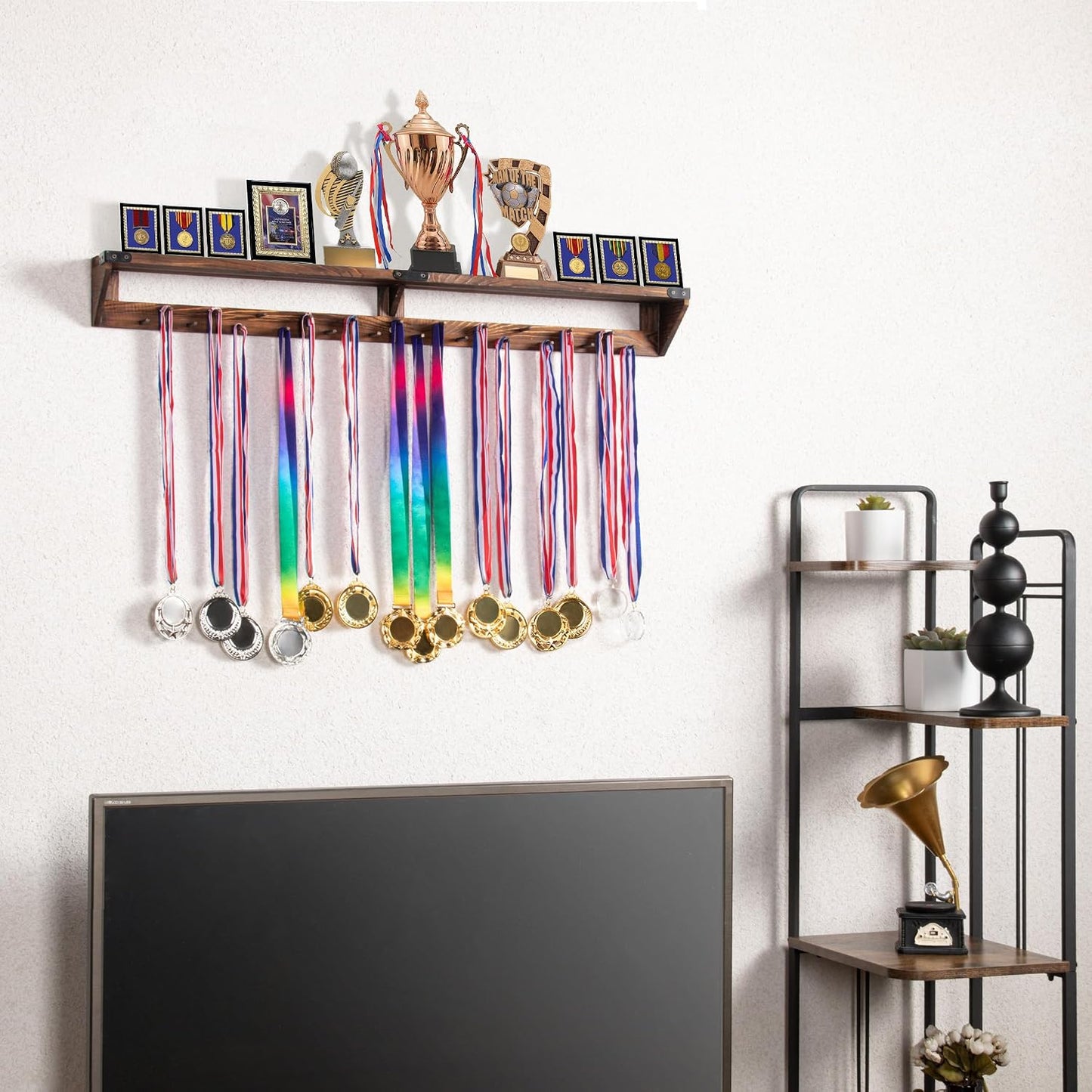 LAVIEVERT Gymnastic Medal Hanger with Storage Shelf, Wooden Wall-Mounted Trophy Shelf, Race Medal Display Rack Holder