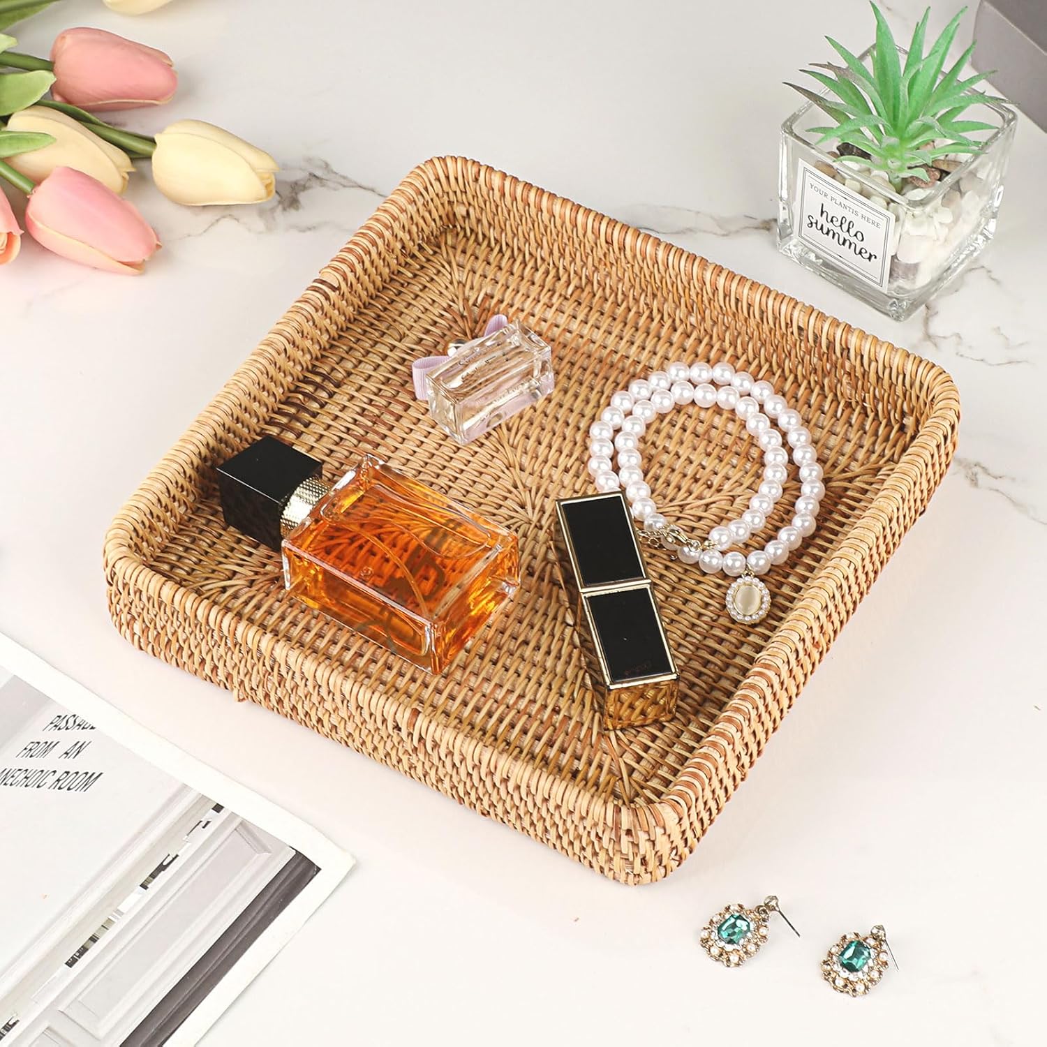 Key Basket Tray for Entryway Table Rattan Serving Tray Handwoven / 8.1 x 8.1 x 1.4 / Natural Color
