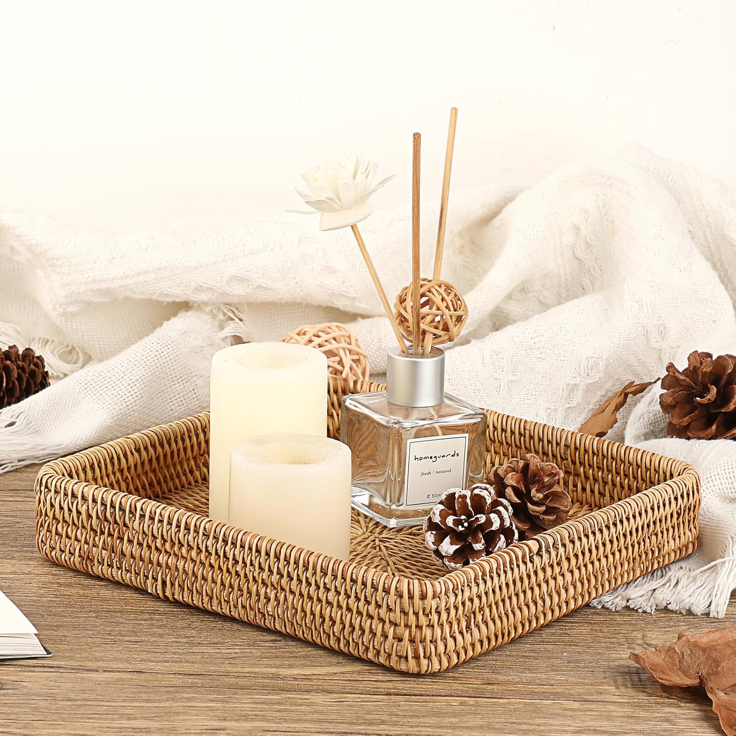 Key Basket Tray for Entryway Table Rattan Serving Tray Handwoven / 8.1 x 8.1 x 1.4 / Natural Color