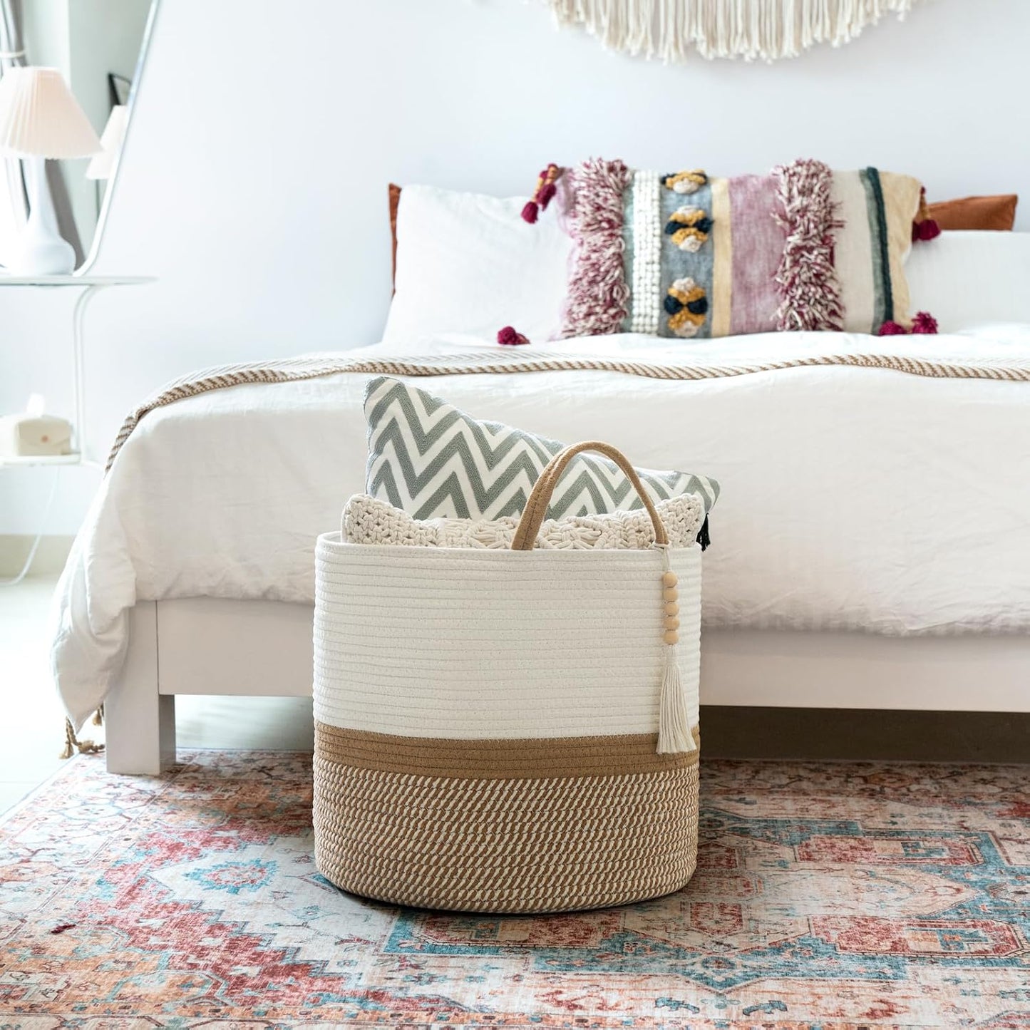 Woven Storage Basket Decorative Natural Rope Basket Wooden Bead / White and Brown / 16" W x 13.8"L