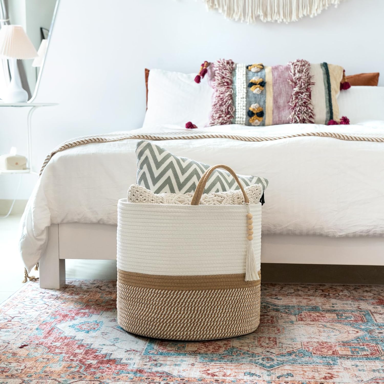 Woven Storage Basket Decorative Natural Rope Basket Wooden Bead / White and Brown / 16" W x 13.8"L