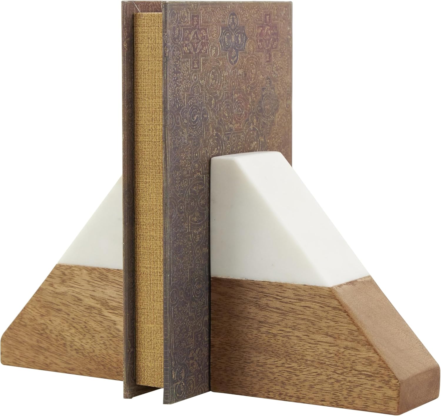 Mango Wood Geometric Decorative Bookends Triangle 3 lbs Non Skid / 4"w, 5"H / White / Set of 2