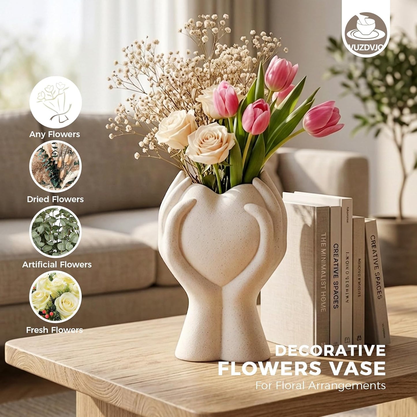 Heart Hand White Ceramic Vase / Cream White / 8 Inch