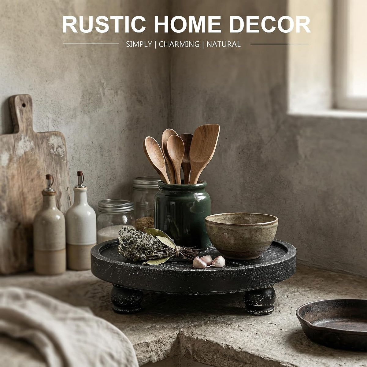 EOSAHR Display Riser: Rustic Pedestal Stand for Kitchen Counter, Old Black | Pine Wood, 10" Round Pedestal Riser, Wood