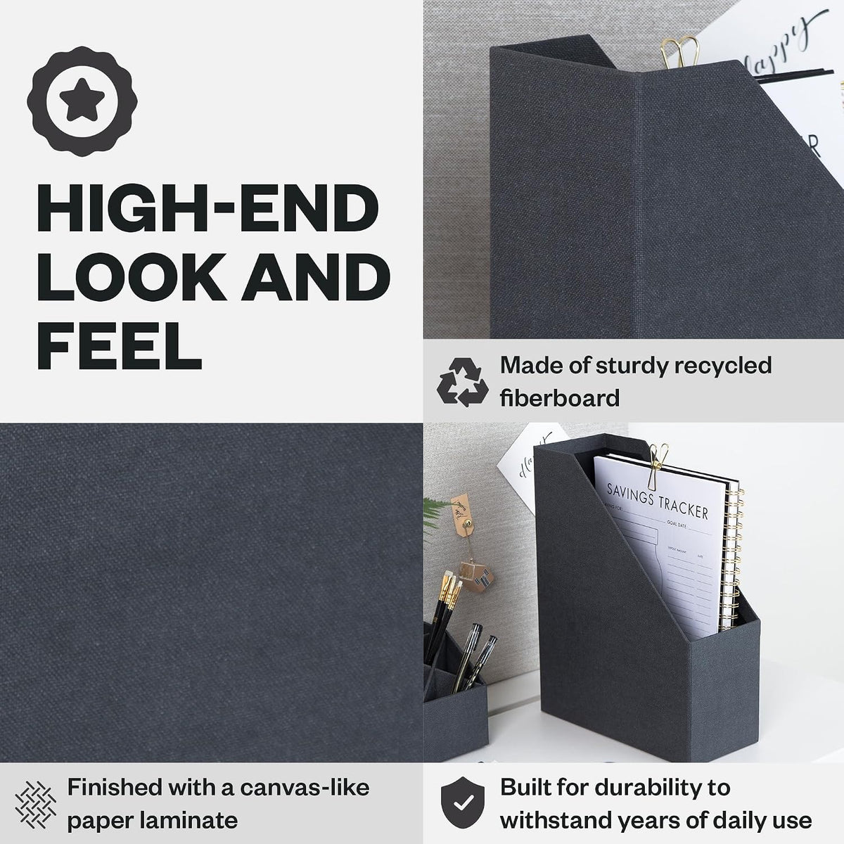 Bigso Estelle Fibreboard Magazine Holder with Leather Handle - Magazine File Holder and Organizer for Papers and
