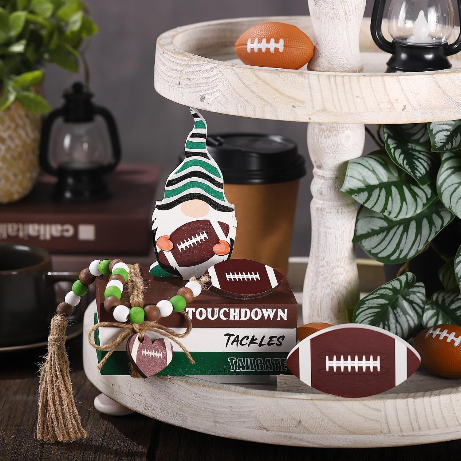 Football Wood Signs Decor Farmhouse Football Tiered Tray Wooden Decorations Book Stack / Set of 6